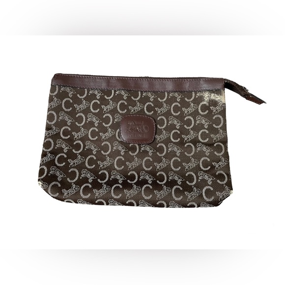 Celine C Brown Leather Canvas Zip Pouch Cosmetic Case Clutch - Picture 1 of 11